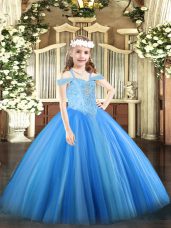 Elegant Baby Blue Tulle Lace Up Party Dresses Sleeveless Floor Length Beading