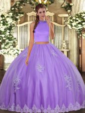 Fashion Sleeveless Tulle Floor Length Backless Sweet 16 Quinceanera Dress in Lavender with Beading and Appliques