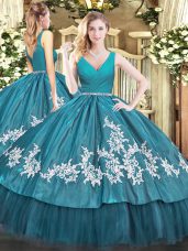 Teal V-neck Zipper Beading and Appliques Sweet 16 Quinceanera Dress Sleeveless