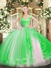 Comfortable Floor Length Zipper Quince Ball Gowns Green for Military Ball and Sweet 16 and Quinceanera with Beading and Ruffles
