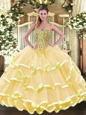 Sweetheart Sleeveless Lace Up Quinceanera Gowns Gold Organza