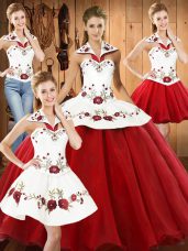 White And Red Organza Lace Up Ball Gown Prom Dress Sleeveless Floor Length Embroidery