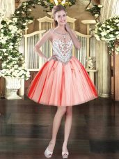 Custom Fit Coral Red Scoop Zipper Beading and Appliques Prom Dresses Sleeveless