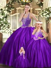 Best Floor Length Purple Sweet 16 Dress Straps Sleeveless Lace Up