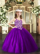 Fashionable Purple Tulle Lace Up Straps Sleeveless Floor Length Pageant Gowns For Girls Beading