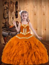 Orange Ball Gowns Straps Sleeveless Organza Floor Length Lace Up Embroidery and Ruffles Little Girl Pageant Dress