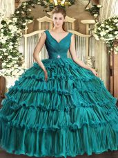 Adorable Sleeveless Floor Length Beading and Ruffled Layers Backless 15th Birthday Dress with Teal