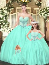 Adorable Tulle Sweetheart Sleeveless Lace Up Beading Quinceanera Dress in Aqua Blue