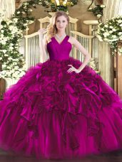 Floor Length Zipper 15th Birthday Dress Fuchsia for Military Ball and Sweet 16 and Quinceanera with Ruffles