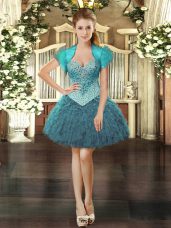 Teal Dress for Prom Prom and Party with Beading and Ruffles Sweetheart Sleeveless Lace Up