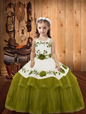 New Arrival Embroidery and Ruffled Layers Party Dress for Girls Olive Green Lace Up Sleeveless Floor Length
