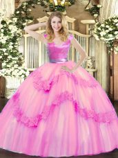 Rose Pink Sleeveless Beading and Appliques Floor Length Ball Gown Prom Dress