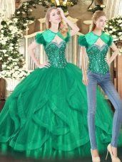 Clearance Green Ball Gowns Sweetheart Sleeveless Tulle Floor Length Lace Up Beading and Ruffles Quinceanera Dresses