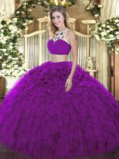 Dazzling Purple Sleeveless Tulle Backless Quinceanera Dresses for Military Ball and Sweet 16 and Quinceanera