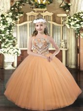 Attractive Peach Lace Up Straps Beading Child Pageant Dress Tulle Sleeveless