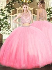 Tulle Scoop Sleeveless Zipper Beading Sweet 16 Dress in Baby Pink