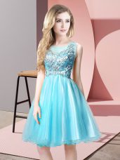 Fabulous Knee Length Aqua Blue Prom Party Dress Scoop Sleeveless Zipper
