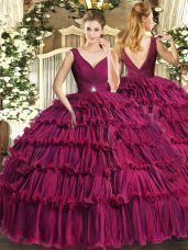 V-neck Sleeveless Organza Quinceanera Dress Beading and Ruffled Layers Backless