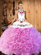 Rose Pink Sweet 16 Quinceanera Dress Military Ball and Sweet 16 and Quinceanera with Embroidery Halter Top Sleeveless Lace Up