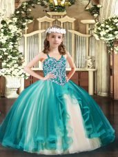 Teal Lace Up Little Girls Pageant Gowns Beading Sleeveless Floor Length