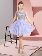 Comfortable Lavender Empire Scoop Cap Sleeves Lace Mini Length Backless Beading Dress for Prom