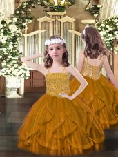 Floor Length Brown Little Girls Pageant Gowns Tulle Sleeveless Beading and Ruffles