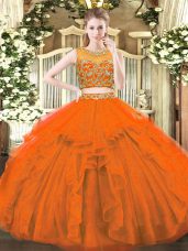 High Class Rust Red Sleeveless Tulle Zipper 15th Birthday Dress for Military Ball and Sweet 16 and Quinceanera