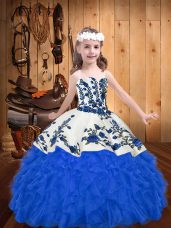 High End Straps Sleeveless Girls Pageant Dresses Floor Length Embroidery and Ruffles Blue Organza
