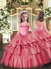 Ball Gowns Girls Pageant Dresses Coral Red Straps Organza Sleeveless Floor Length Lace Up