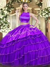 Purple Two Pieces Embroidery and Ruffled Layers Quinceanera Gowns Criss Cross Tulle Sleeveless Floor Length