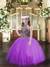 Beading Little Girls Pageant Gowns Eggplant Purple Lace Up Sleeveless Floor Length
