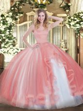 Straps Sleeveless Quinceanera Dresses Floor Length Beading Coral Red Tulle