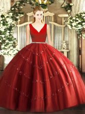 Admirable Ball Gowns 15 Quinceanera Dress Wine Red V-neck Tulle Sleeveless Floor Length Zipper
