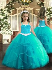 Aqua Blue Little Girls Pageant Gowns Party and Quinceanera with Appliques and Ruffles Straps Sleeveless Lace Up