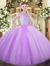Pretty Bateau Sleeveless Zipper Quince Ball Gowns Lavender Tulle