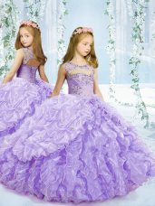 Lavender Ball Gowns Scoop Sleeveless Organza Floor Length Lace Up Beading and Ruffles and Pick Ups Kids Formal Wear