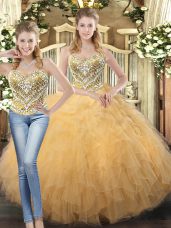 Champagne Ball Gowns Tulle Sweetheart Sleeveless Beading and Ruffles Floor Length Lace Up Sweet 16 Dress