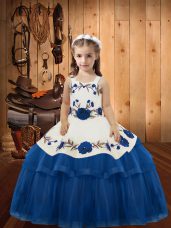 Unique Straps Sleeveless Organza Kids Pageant Dress Embroidery and Ruffled Layers Lace Up