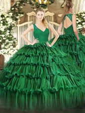 Chic Dark Green Organza Zipper V-neck Sleeveless Floor Length Sweet 16 Dresses Beading and Ruffled Layers