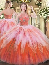 Sleeveless Floor Length Beading and Ruffles Zipper Quince Ball Gowns with Multi-color