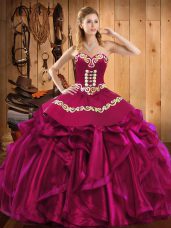 Cheap Satin and Organza Sweetheart Sleeveless Lace Up Embroidery and Ruffles 15 Quinceanera Dress in Fuchsia