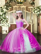 Straps Sleeveless Kids Pageant Dress Floor Length Beading Fuchsia Tulle