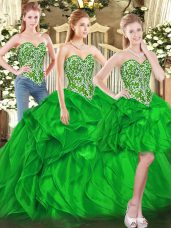 Enchanting Green Sleeveless Floor Length Beading and Ruffles Lace Up Ball Gown Prom Dress