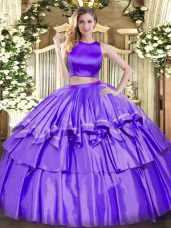 Tulle High-neck Sleeveless Criss Cross Ruffled Layers Sweet 16 Dress in Purple