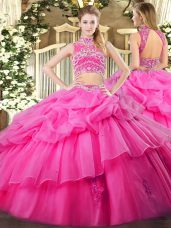 Hot Pink Sleeveless Floor Length Beading and Ruffles and Pick Ups Backless 15th Birthday Dress