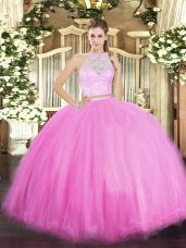 Luxury Sleeveless Floor Length Lace Zipper Quince Ball Gowns with Rose Pink