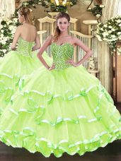 Decent Yellow Green Ball Gowns Beading and Ruffled Layers Quinceanera Gown Lace Up Tulle Sleeveless Floor Length