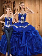 Fantastic Royal Blue Lace Up 15th Birthday Dress Embroidery and Ruffles Sleeveless Floor Length