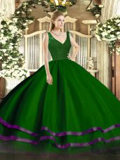 Sleeveless Organza Floor Length Backless Sweet 16 Dresses in Dark Green with Beading and Lace and Ruffled Layers