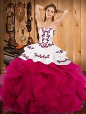 Hot Pink Sleeveless Embroidery and Ruffles Floor Length Ball Gown Prom Dress